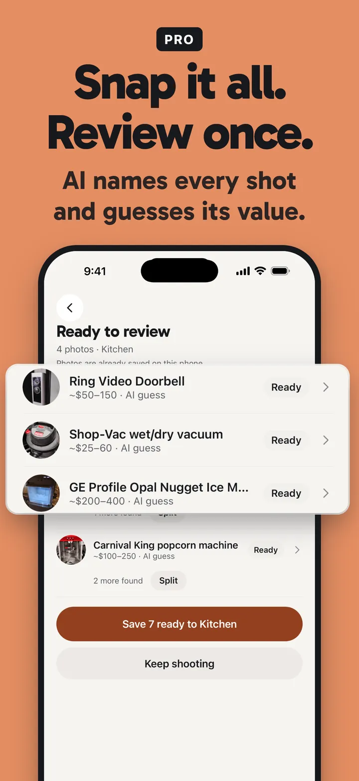 StowTap Batch capture review screen listing several photographed things ready to save to Kitchen.