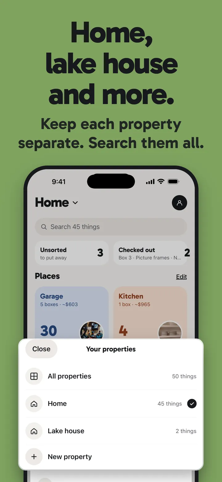 StowTap property switcher listing Home and Lake house, with Search all properties.