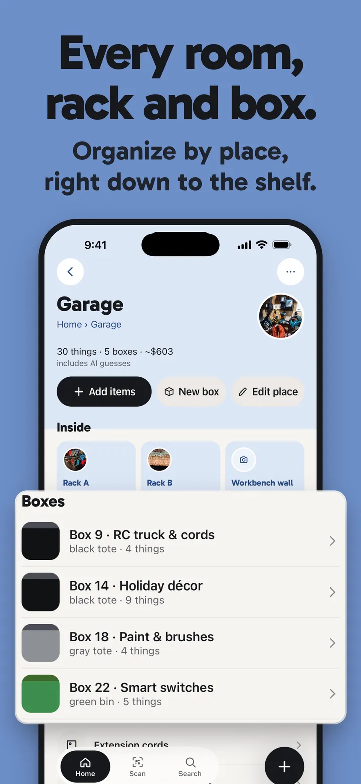 StowTap Garage screen listing boxes 9, 14, 18 and 22 with bin colors and item counts.
