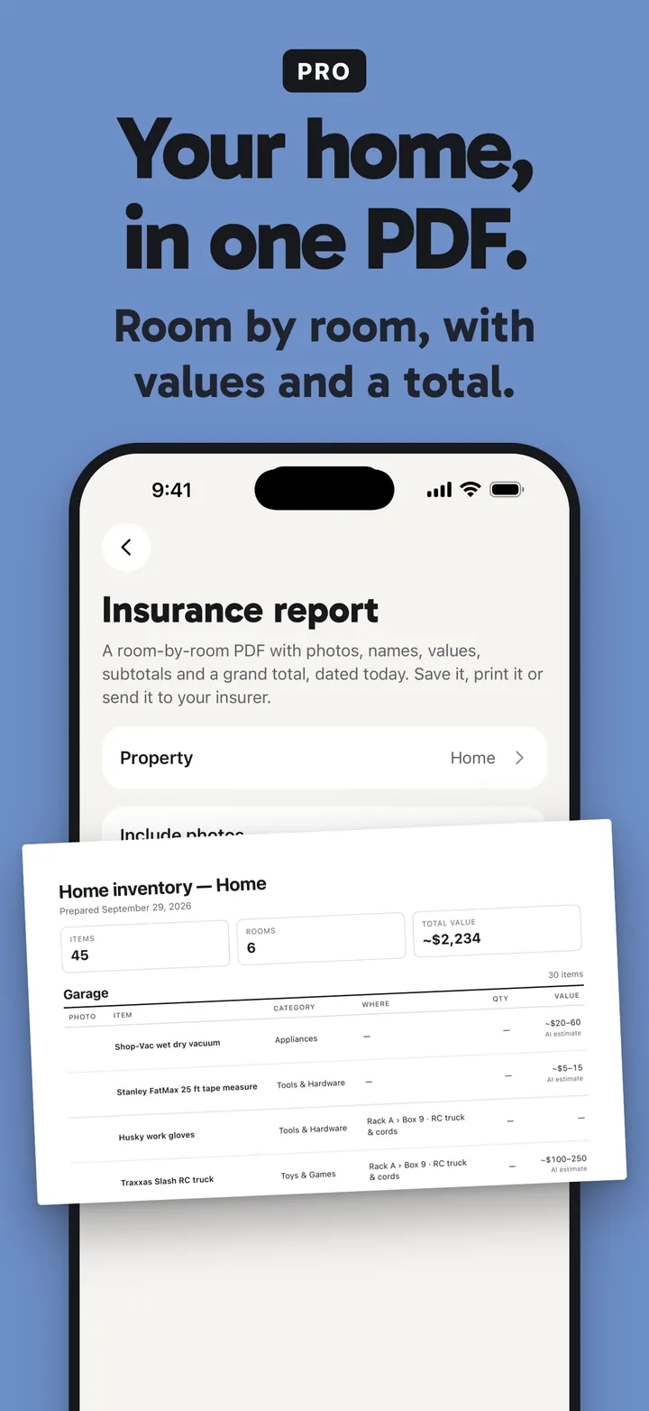 StowTap insurance report screen and a sample room-by-room PDF with values and a total.