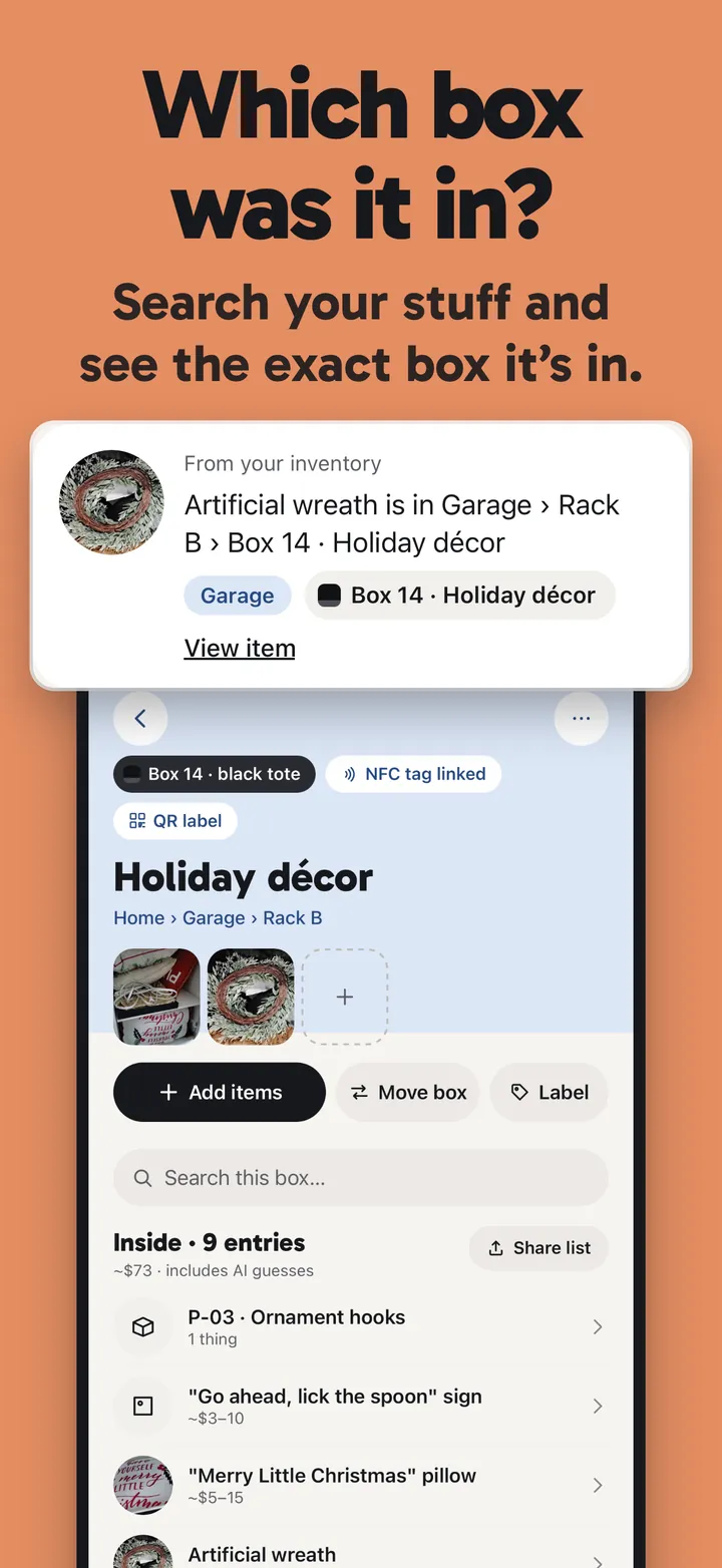StowTap search showing an artificial wreath found in Garage, Rack B, Box 14, Holiday décor.