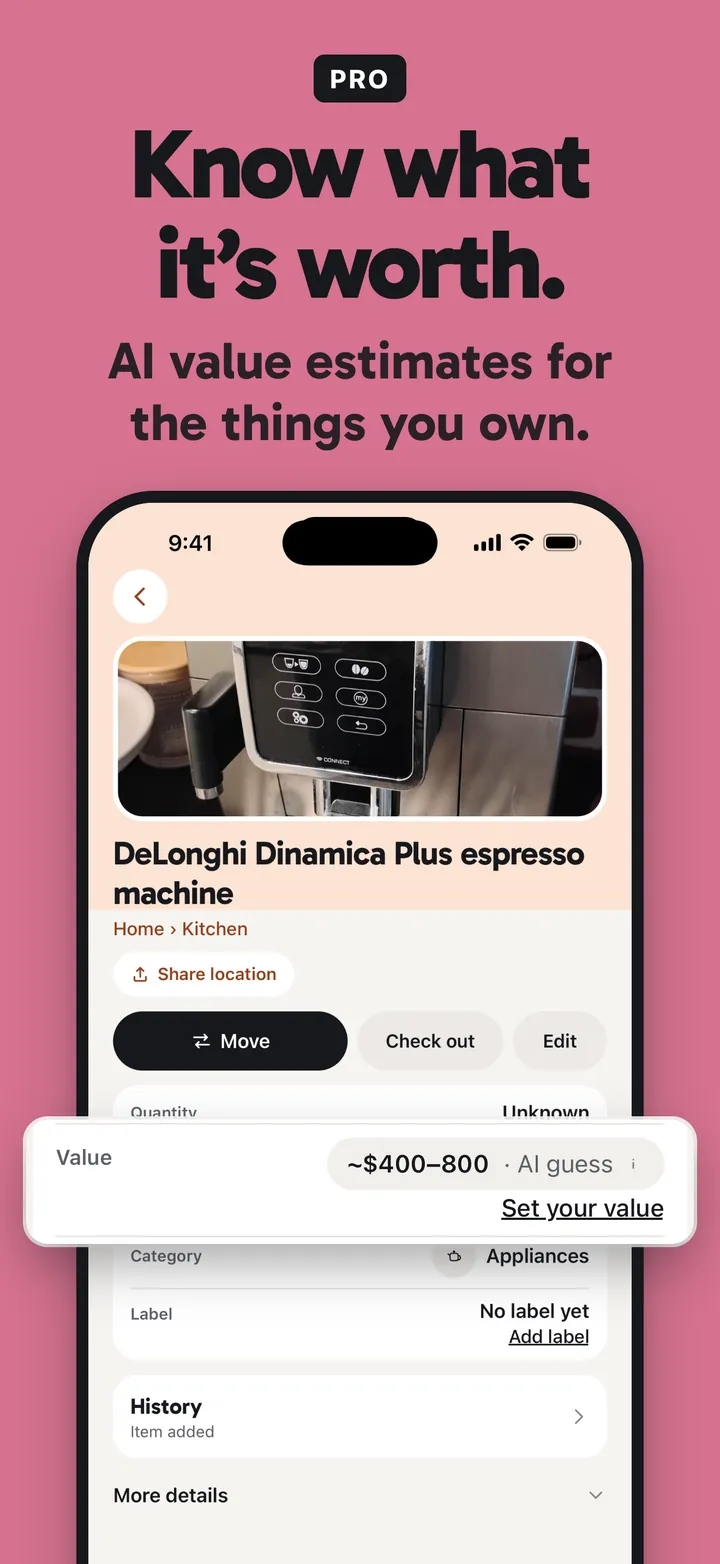 StowTap item screen for an espresso machine showing an AI value guess of 400 to 800 dollars.